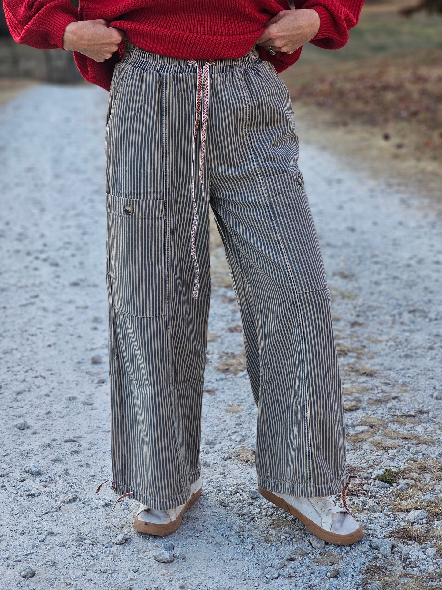 Elastic Waist Vintage Washed Stripe Pants