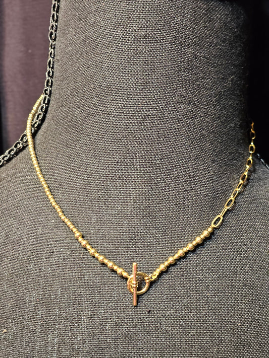 Gold Beads and Paper Clip Necklace w/ Toggle Closure