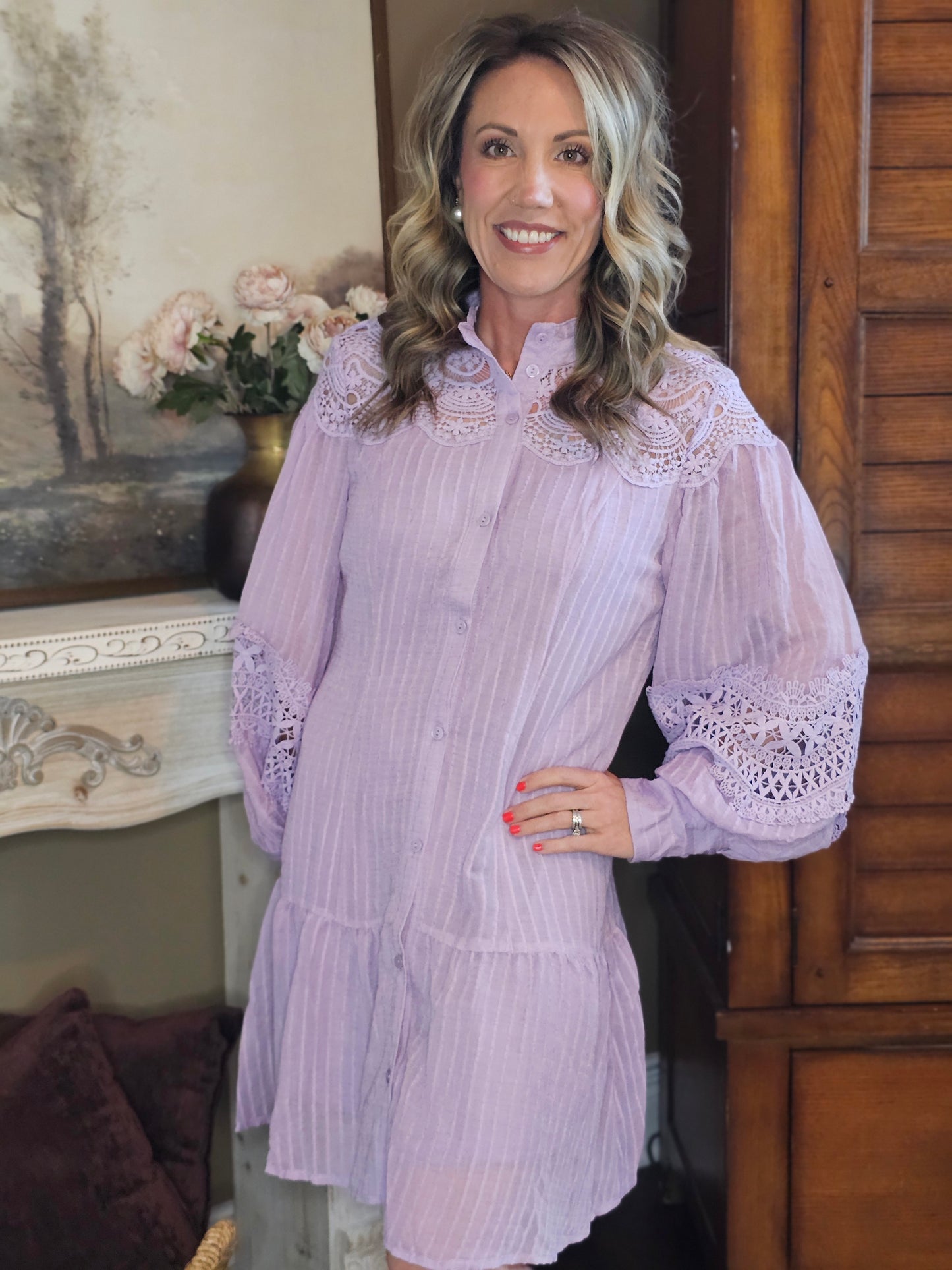 Super Lacey Mock Neck Button Down Dress