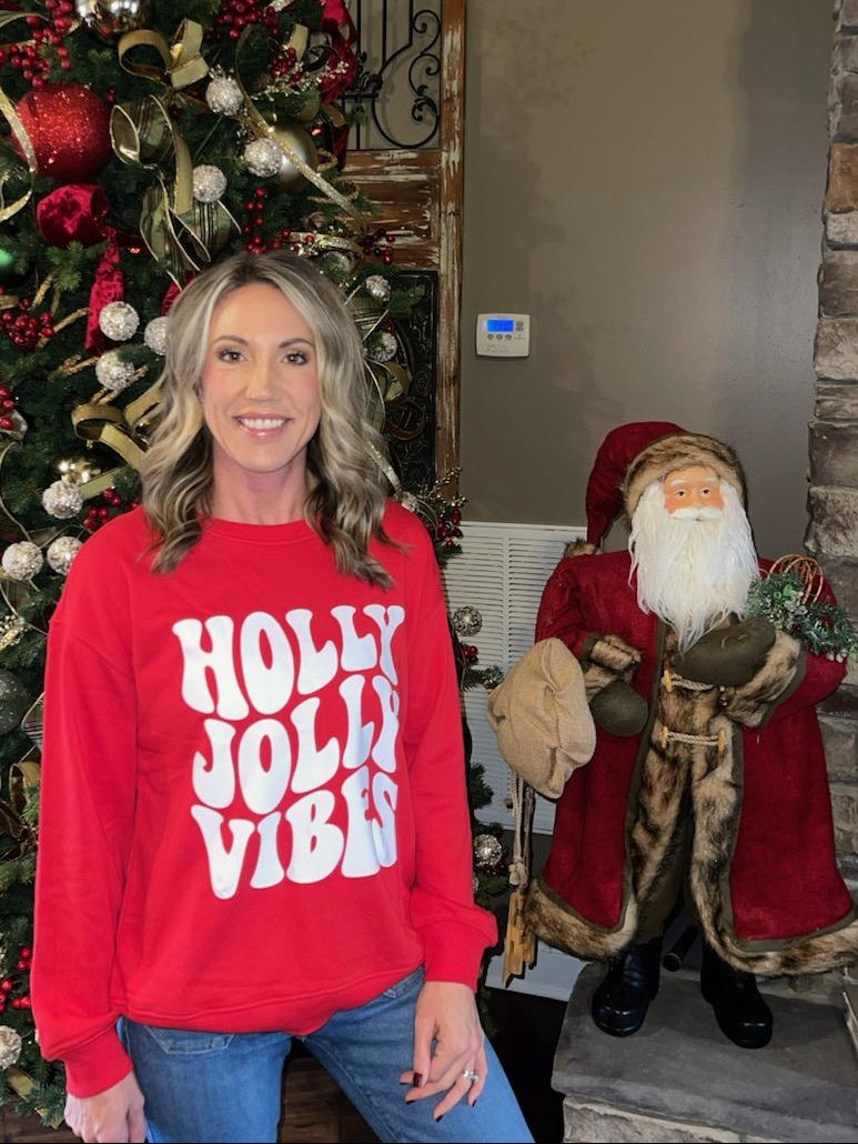 Red HOLLY JOLLY VIBES Graphic Crewneck Christmas Sweatshirt