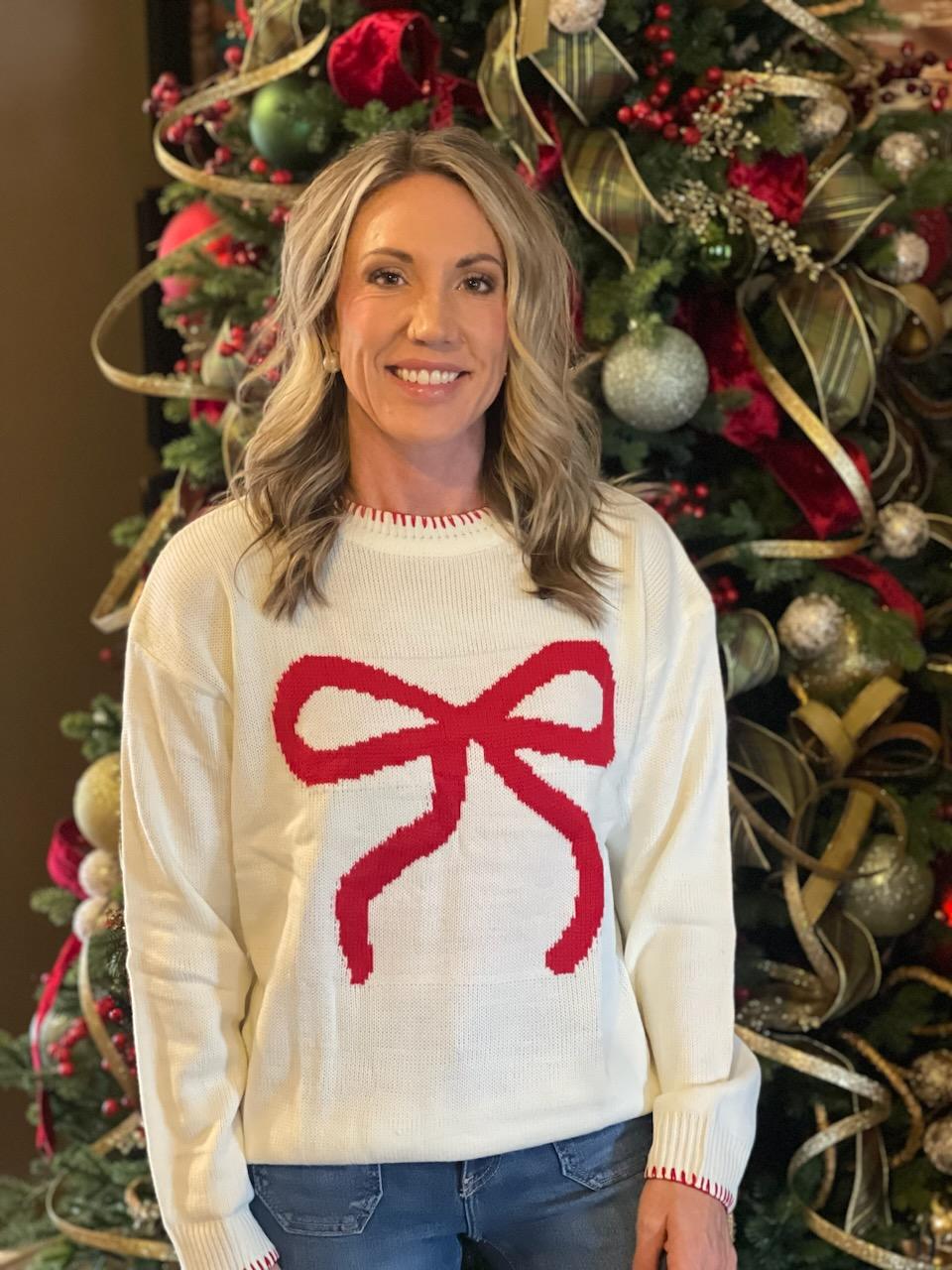 White Bow Pattern Contrast Trim Christmas Loose Graphic Sweater