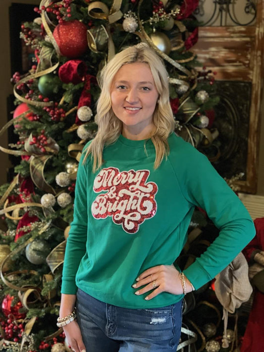 Green Merry & Bright Sequin Pattern Raglan Sleeve Sweatshirt