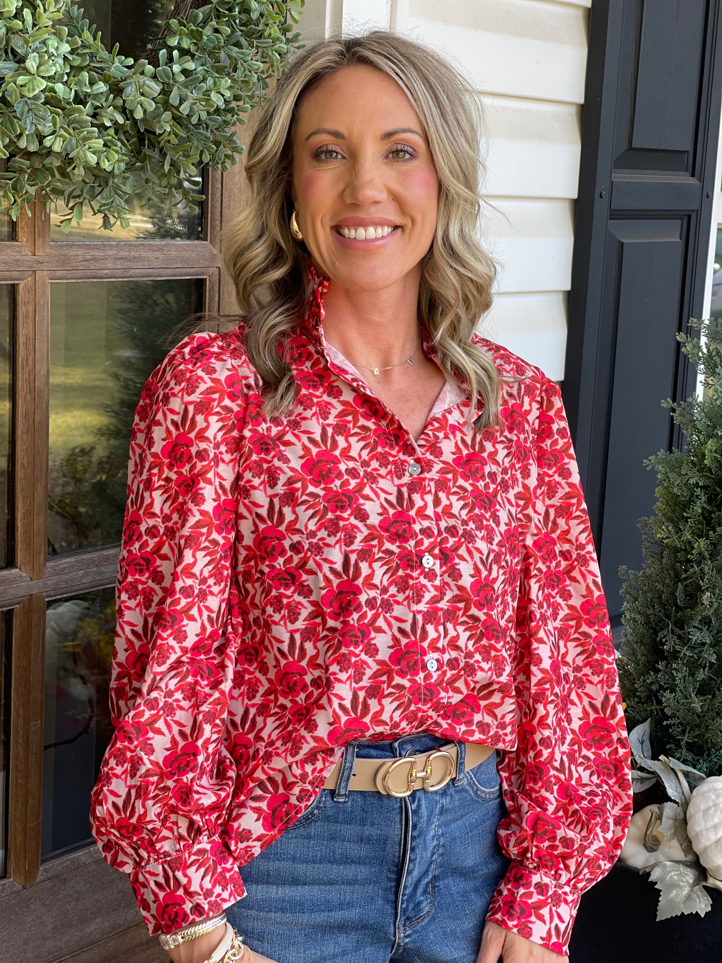 Ruffled Neckline Button Down Floral Top