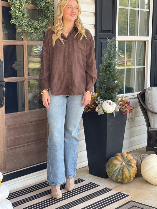 Stripe Collared Neck Button Down Oversized Round Hem Shirt