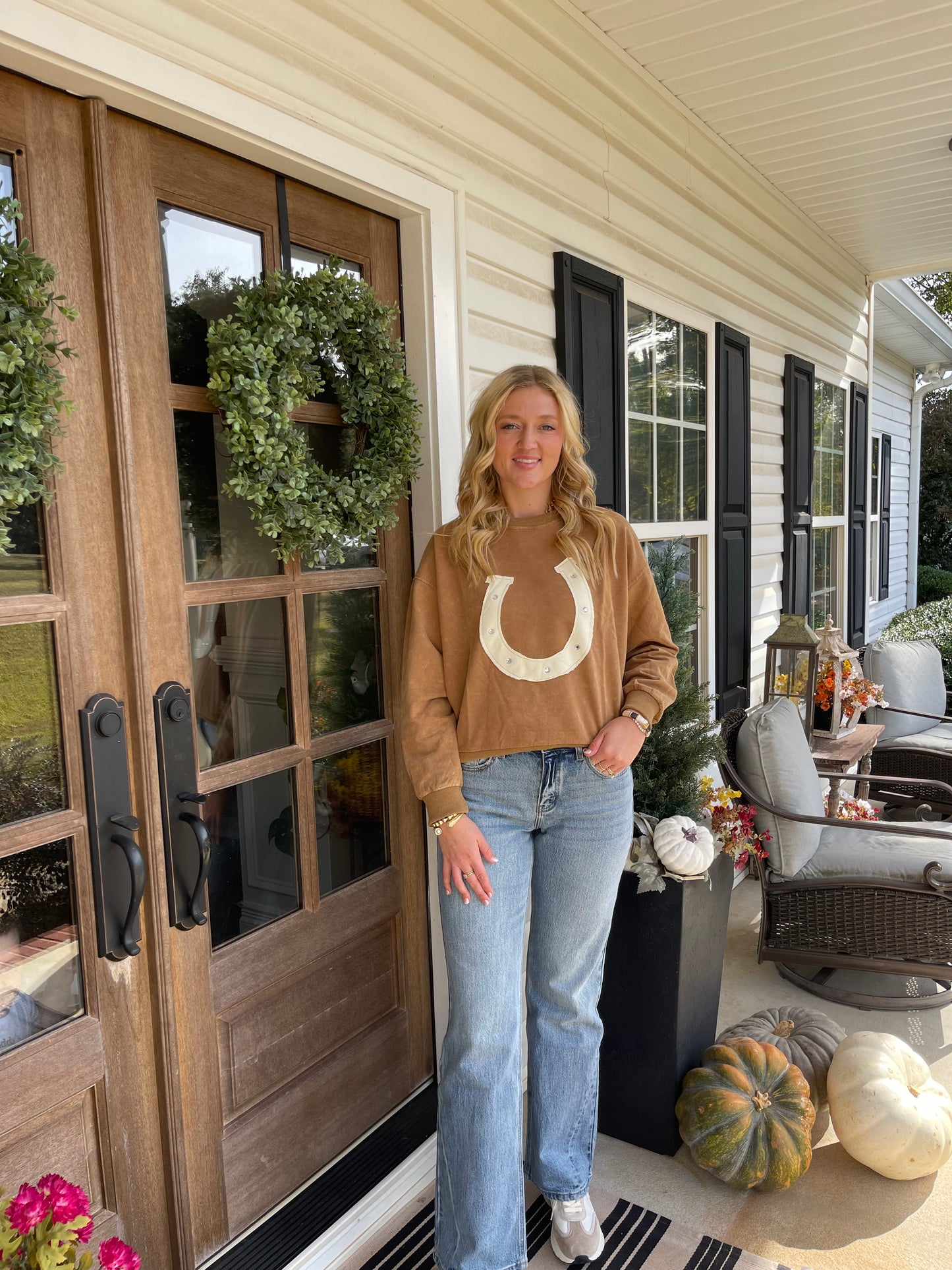 Rhinestone Horseshoe French Terry Long Sleeve Top