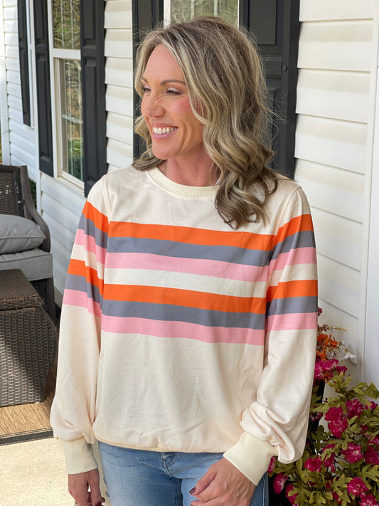 Beige Stripe Puff Sleeve Casual Pullover Sweatshirt