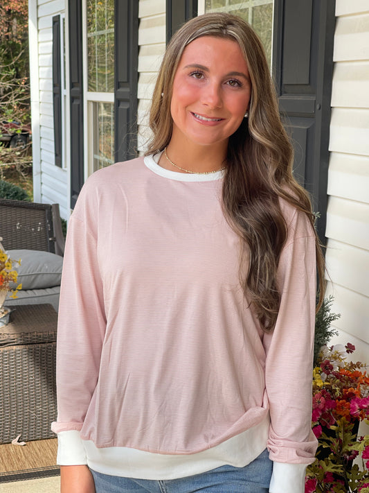 Pink Stripe Contrast Edge Patchwork Long Sleeve Top