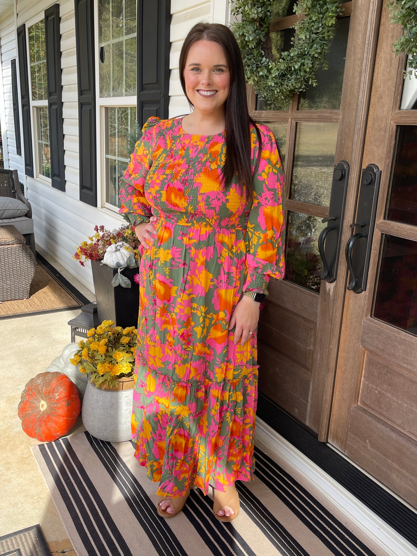 Orange Floral Puff Sleeve Smocked Bodice Ruffled Long Dress