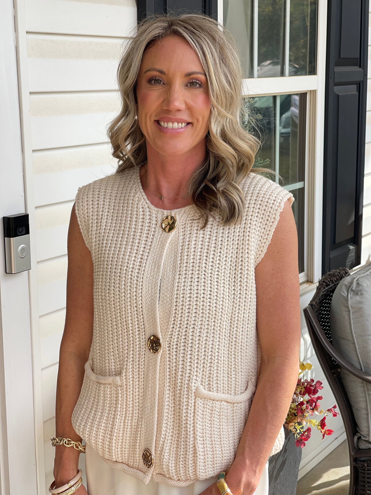 White Solid Textured Knit Side Pockets Buttoned Sweater Vest