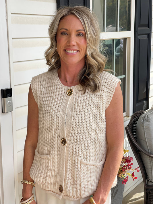 White Solid Textured Knit Side Pockets Buttoned Sweater Vest