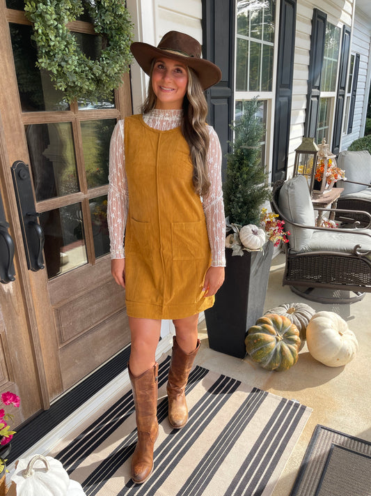 Camel Corduroy Sleeveless Mini Dress With Patched Pockets
