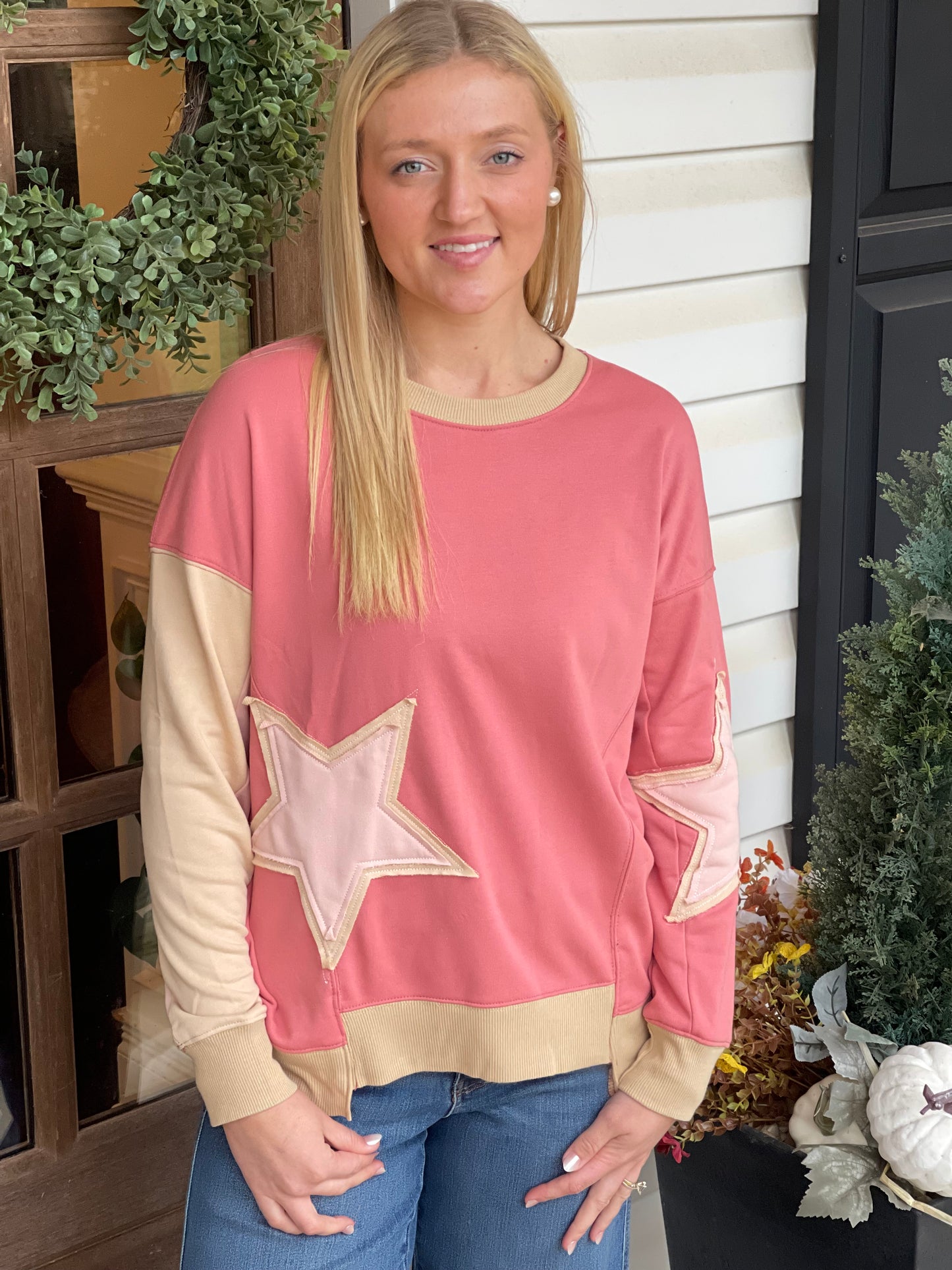 Rose Pink Contrast Star Patchwork Exposed Seam Uneven Hem Drop Shoulder Sweatshirt