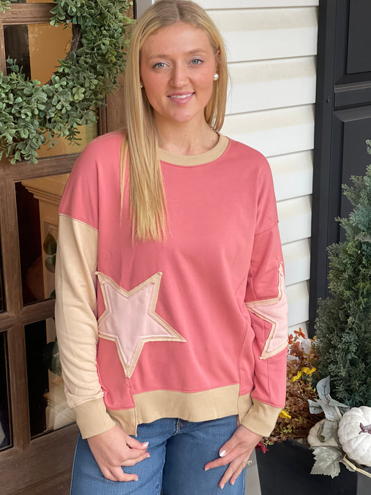 Rose Pink Contrast Star Patchwork Exposed Seam Uneven Hem Drop Shoulder Sweatshirt