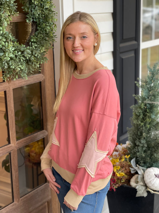 Rose Pink Contrast Star Patchwork Exposed Seam Uneven Hem Drop Shoulder Sweatshirt