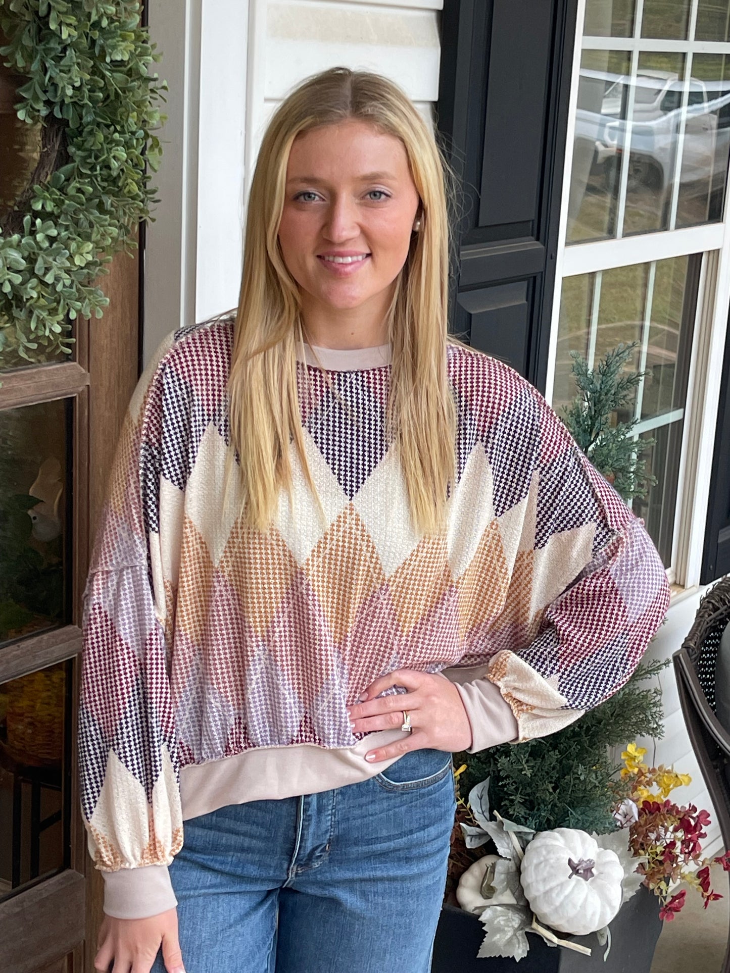 ARGYLE PRINT OVERSIZED LONG SLEEVE KNIT TOP