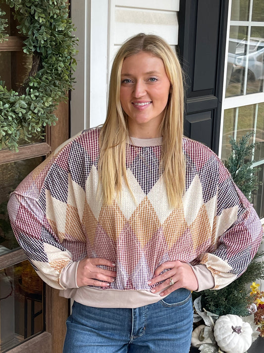 ARGYLE PRINT OVERSIZED LONG SLEEVE KNIT TOP