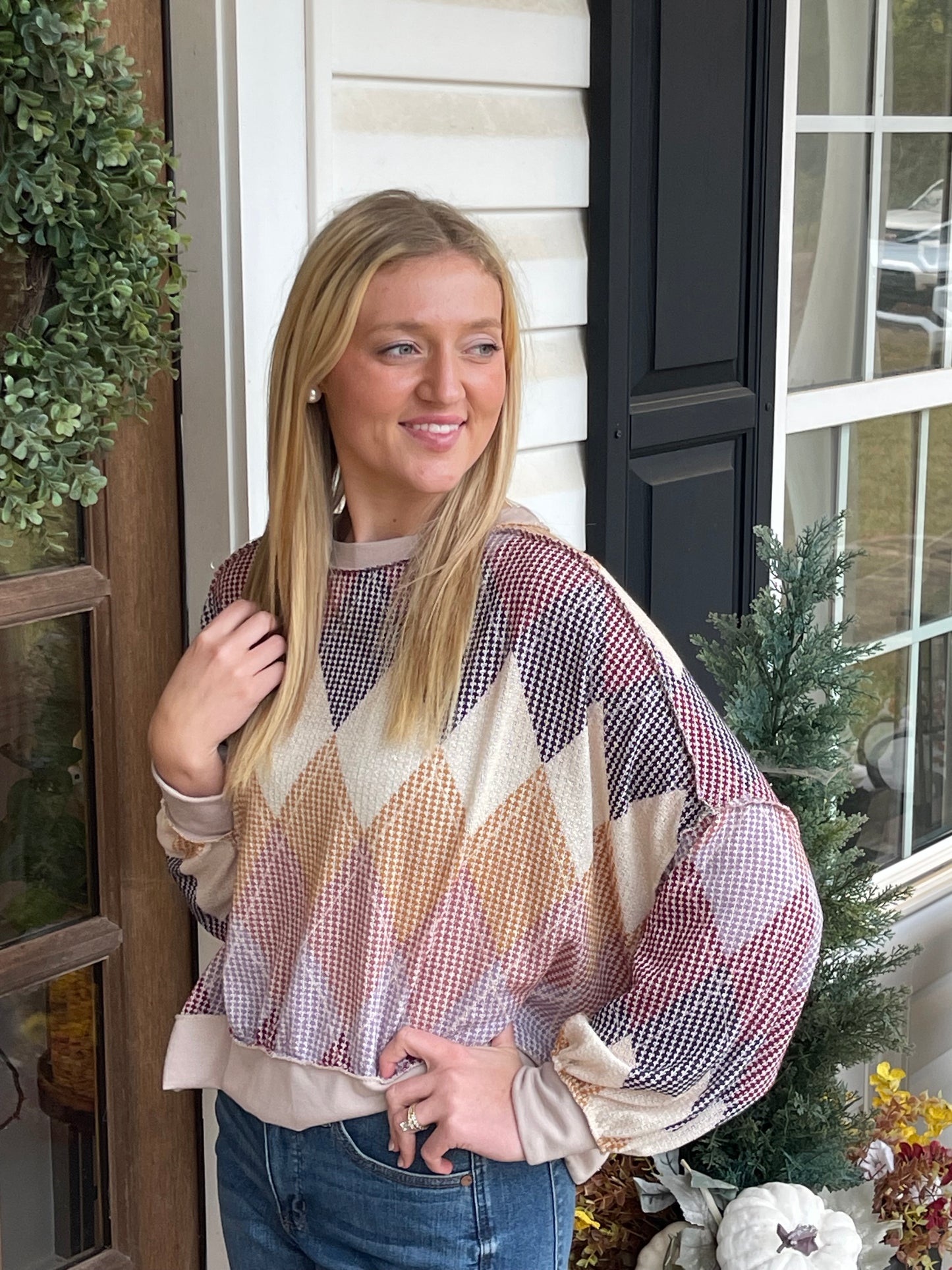 ARGYLE PRINT OVERSIZED LONG SLEEVE KNIT TOP