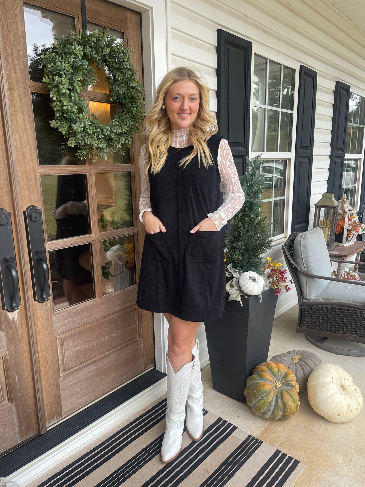 Black Corduroy Sleeveless Mini Dress With Patched Pockets