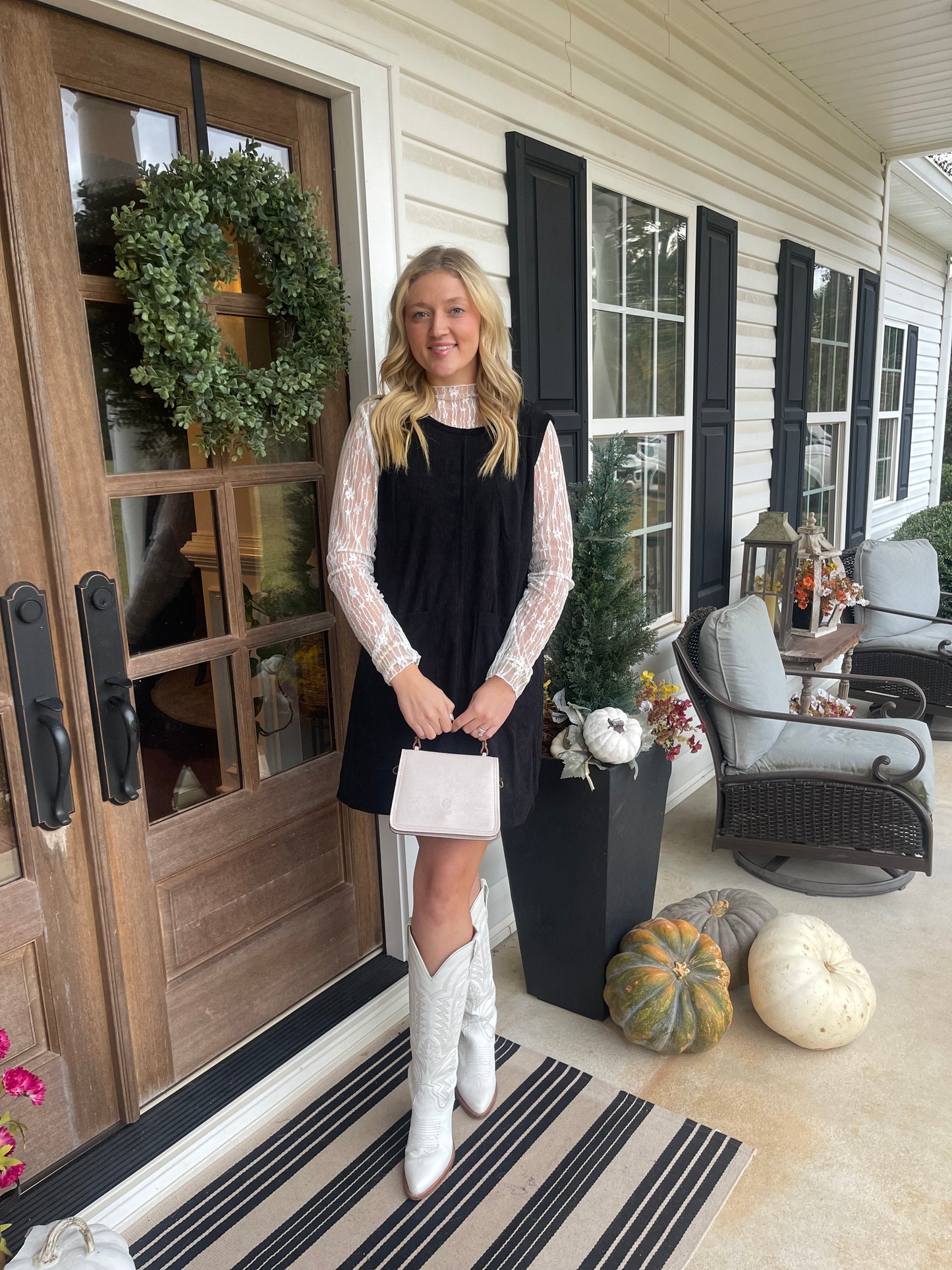 Black Corduroy Sleeveless Mini Dress With Patched Pockets