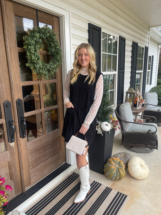 Black Corduroy Sleeveless Mini Dress With Patched Pockets