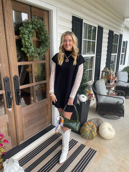 Mock Neck Short Sleeve Cozy Sweater Dress Black