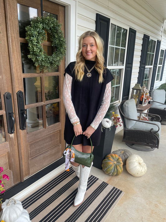 Mock Neck Short Sleeve Cozy Sweater Dress Black