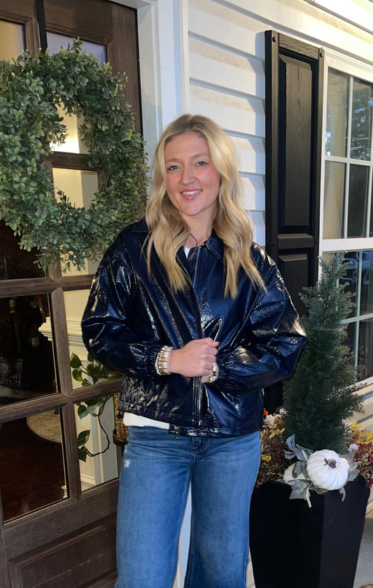 Navy High Shine Vinyl Jacket