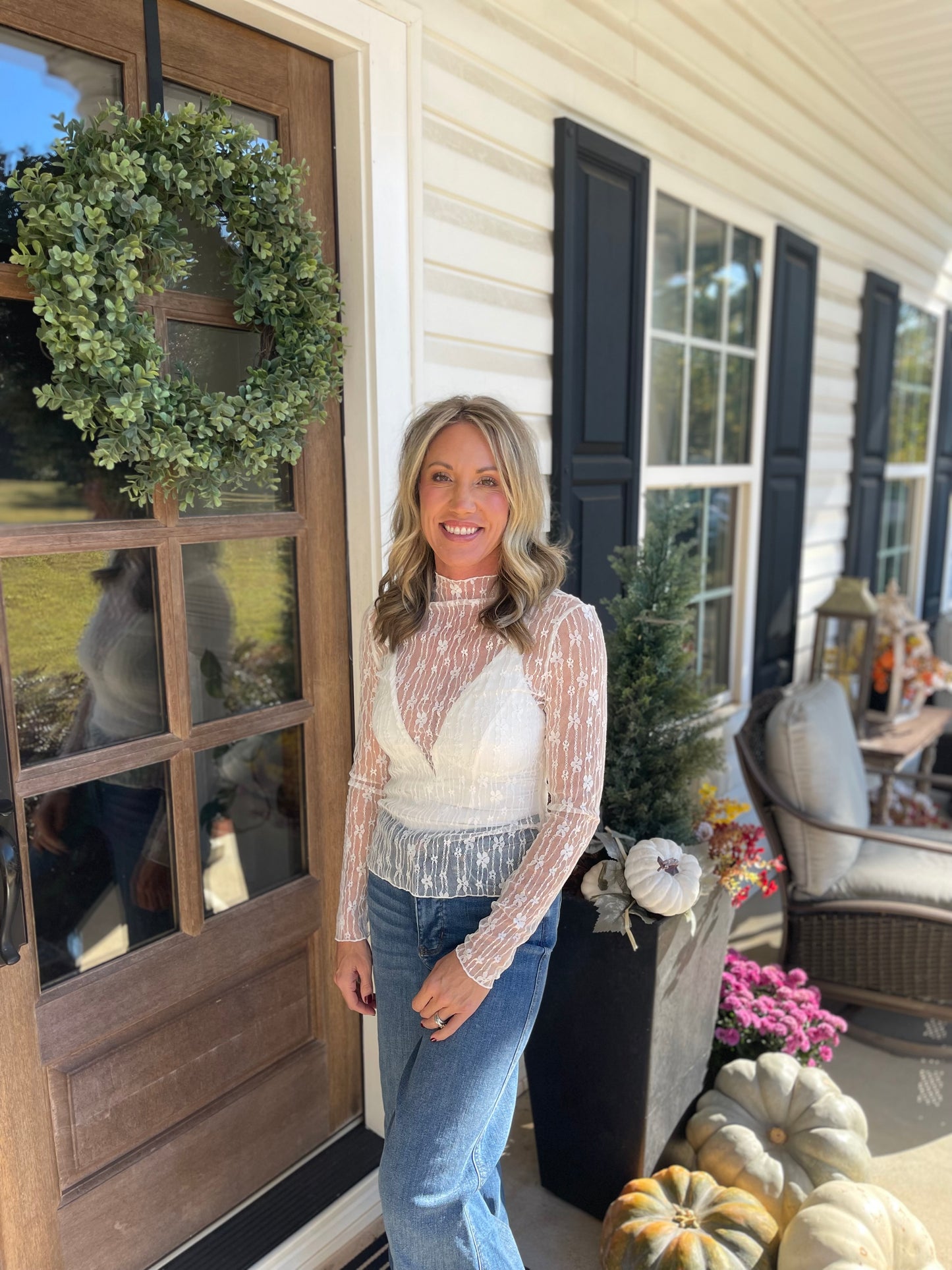 White Sheer Floral Lace Long Sleeve Slim Fit Top