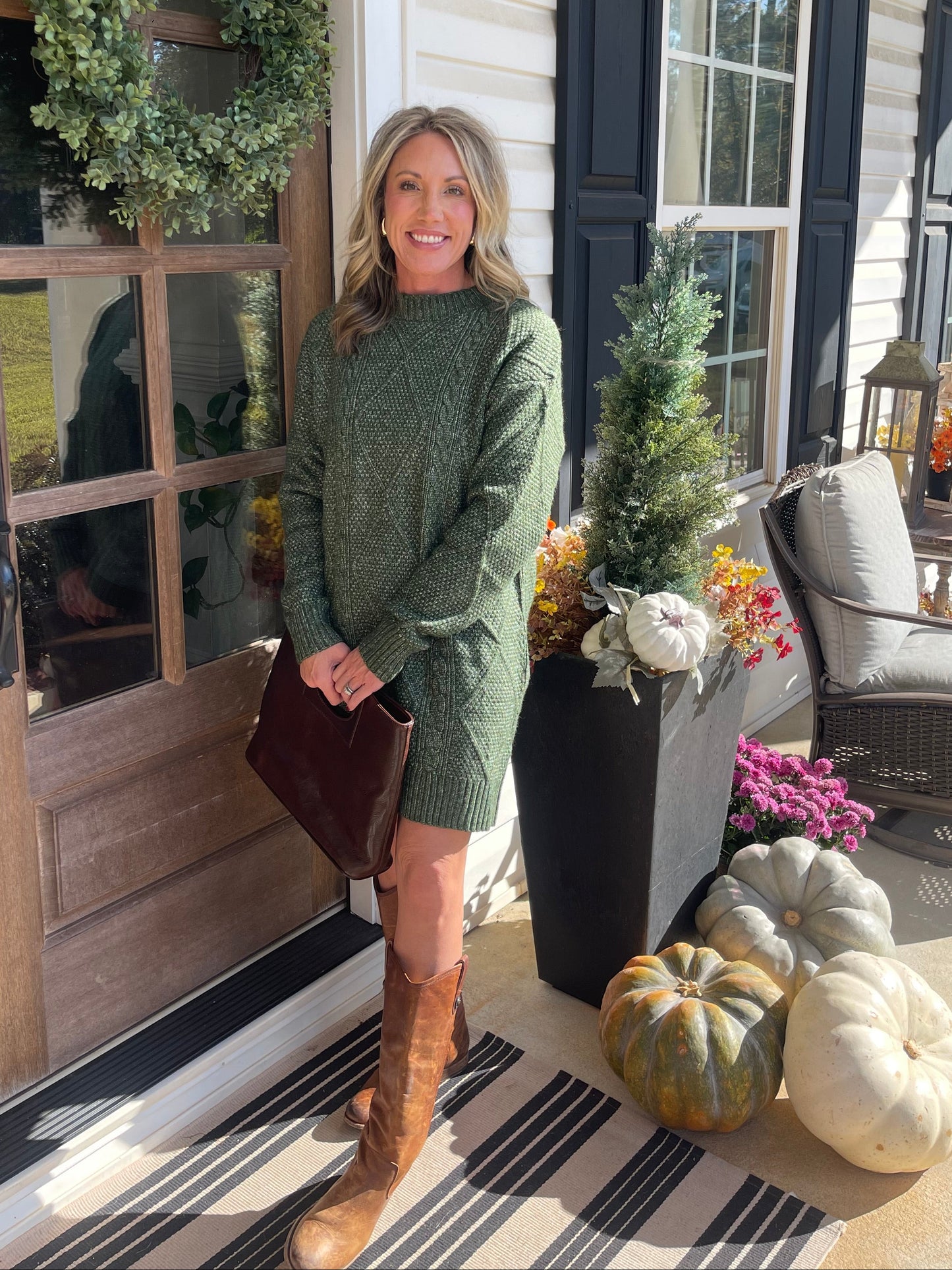 Mist Green Cable Knit Drop Shoulder Loose Fit Sweater Dress