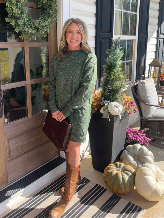 Mist Green Cable Knit Drop Shoulder Loose Fit Sweater Dress