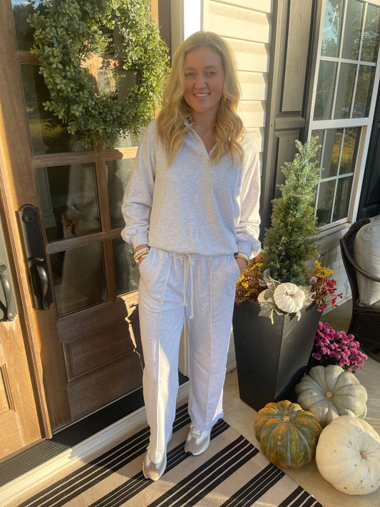 Light Grey Polo Collar V Neck Pullover and Drawstring Sweatpants Set