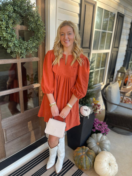 Cinnamon Bracelet Sleeve Split Neck Scallop Detail Pleated Corduroy Mini Dress