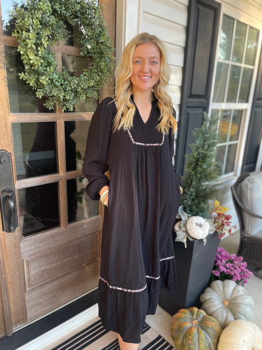 Black Collared V Neck Smocked Detail Contrast Leopard Trim Bracelet Sleeve Long Dress