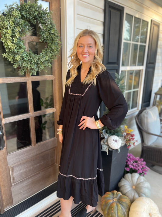 Black Collared V Neck Smocked Detail Contrast Leopard Trim Bracelet Sleeve Long Dress