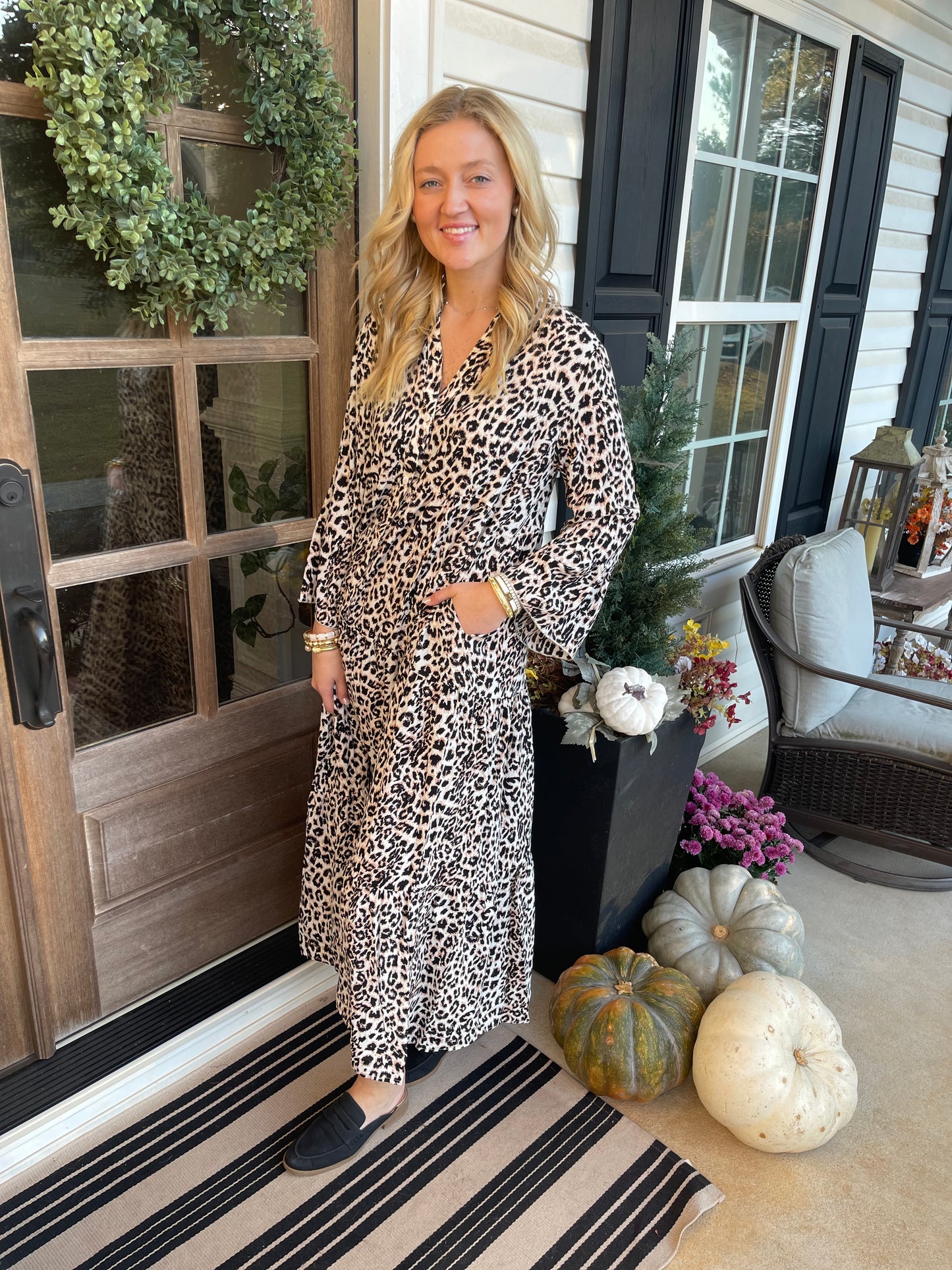 Apricot Leopard Print Tiered Wide Sleeve Maxi Dress