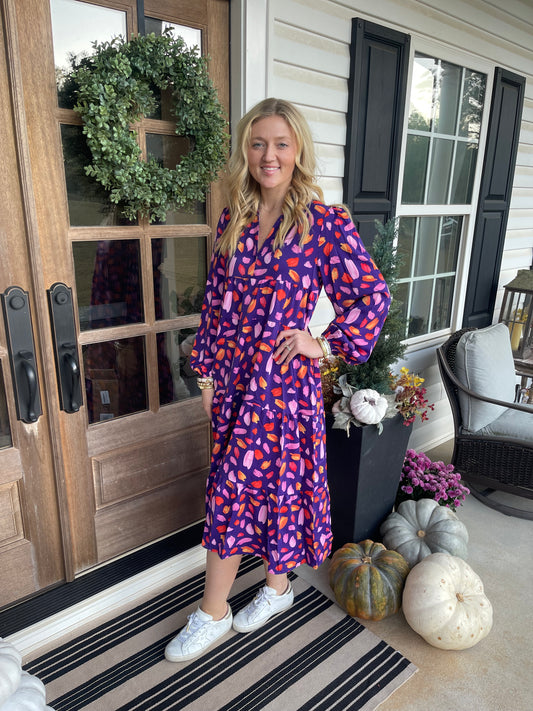 Blue Petal Collared Tiered Flowy Long Dress