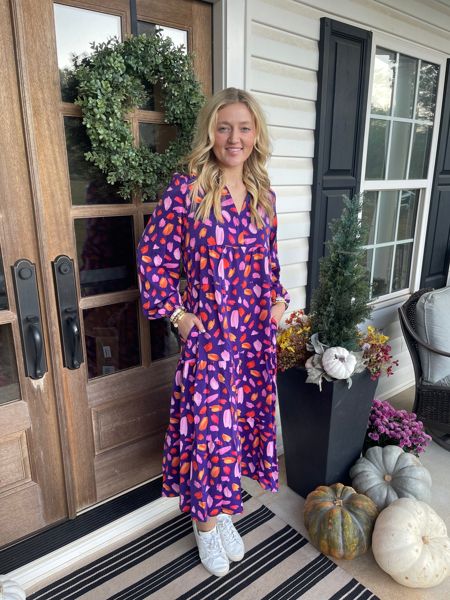 Blue Petal Collared Tiered Flowy Long Dress