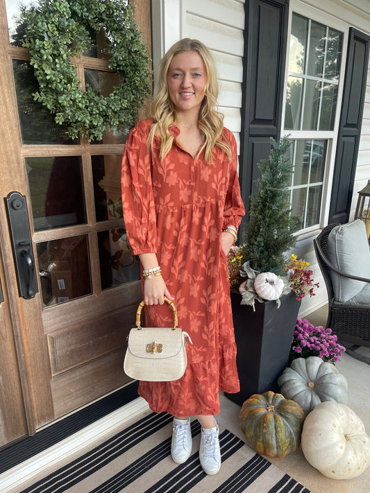 Cinnamon Plus Size Textured 3D Flower Pattern Ruffle Hem 3/4 Sleeve Long Dress