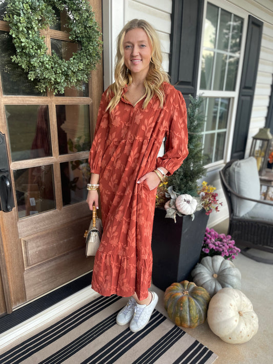 Cinnamon Plus Size Textured 3D Flower Pattern Ruffle Hem 3/4 Sleeve Long Dress