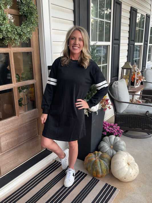Black Varsity Contrast Banded Sleeve Shift Sweatshirt Dress