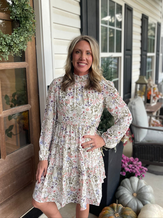 Green Floral Print Tiered Frilled Shirred Mock Neck Mini Dress