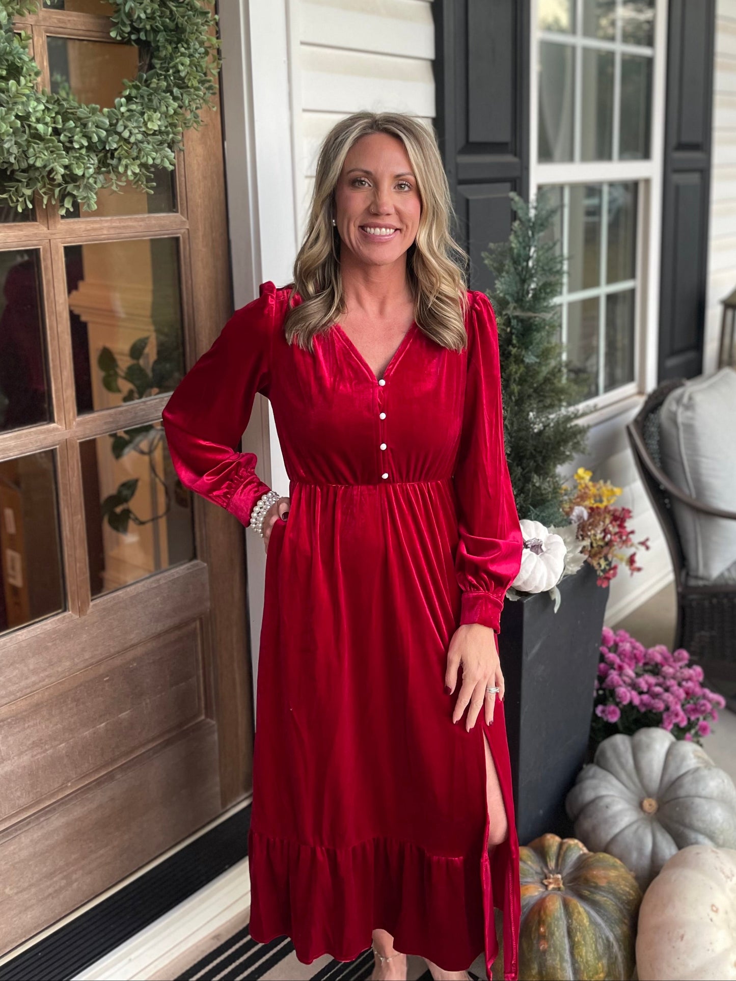Racing Red Velvet Buttoned Puff Sleeve V Neck Split Midi Dress