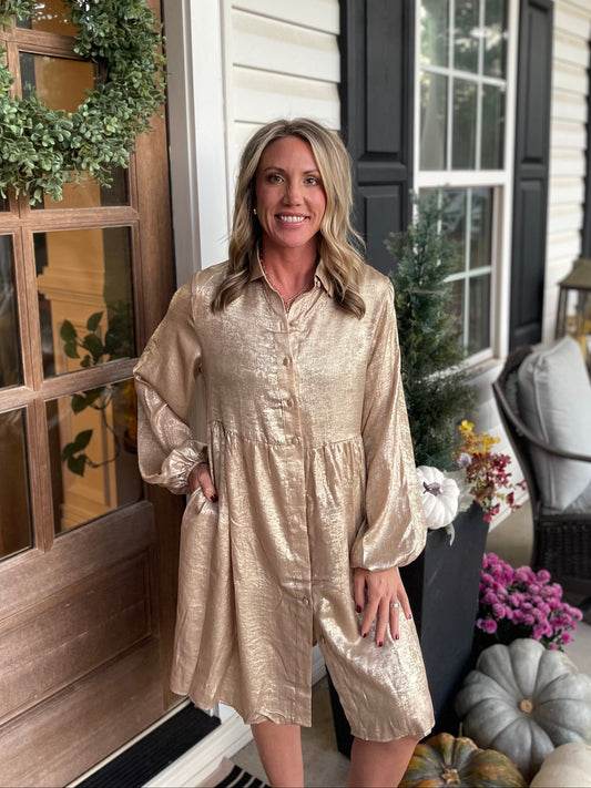 Metallic Sheen Puff Sleeve Button Up Mini Shirt Dress