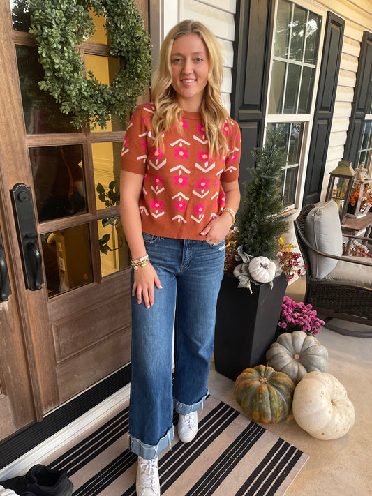 Brown Floral Short Puff Sleeve Sweater