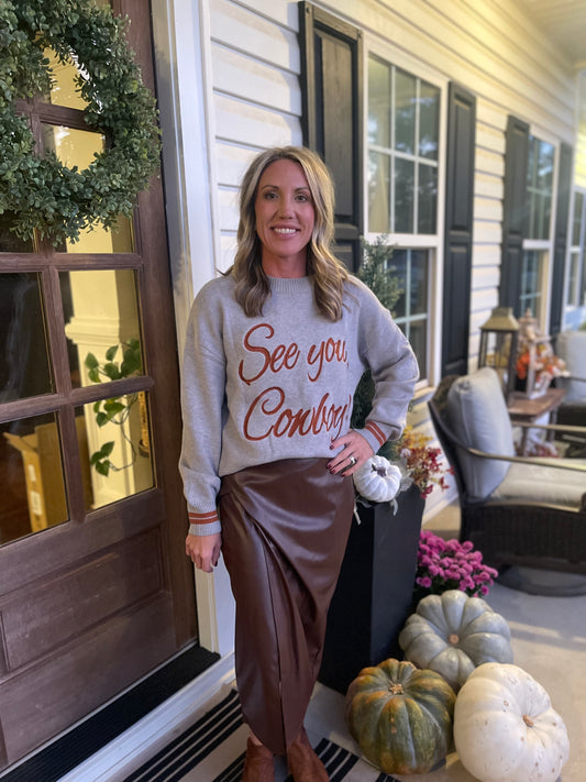 Light Grey See You Cowboy Embroidered Western Graphic Sweater