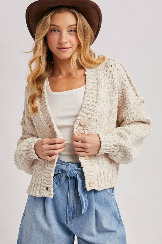 CROPPED POPCORN KNIT SWEATER CARDIGAN
