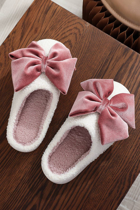 Glister Ribbon Bow Decor Contrast Liner Plush Slippers