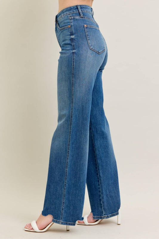 JUDY BLUE High Waisted Tummy Control Chew Hem Distressed Wide Leg