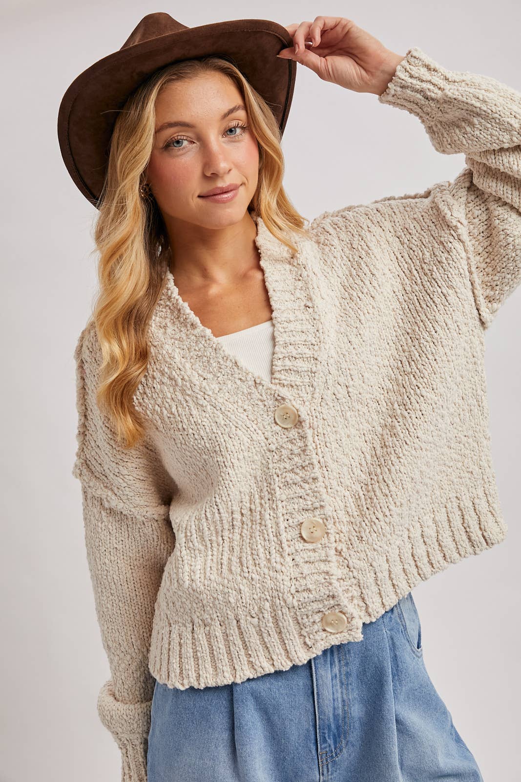 CROPPED POPCORN KNIT SWEATER CARDIGAN